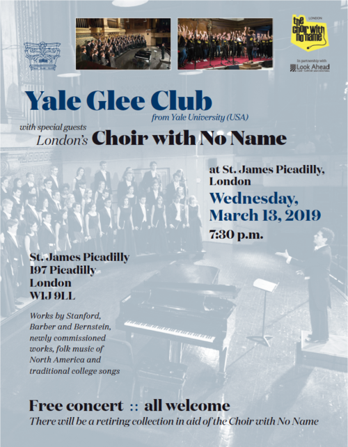 Poster for Yale Glee Club's performance in London, England on Wednesday, March 13, 2019